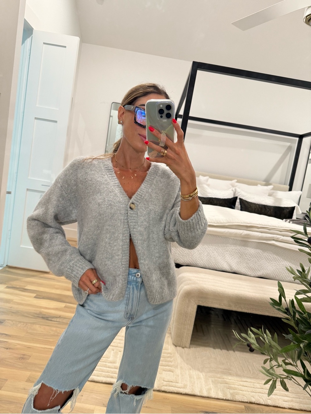 Cozy Women's Light Gray V-Neck Button Cardigan Sweater